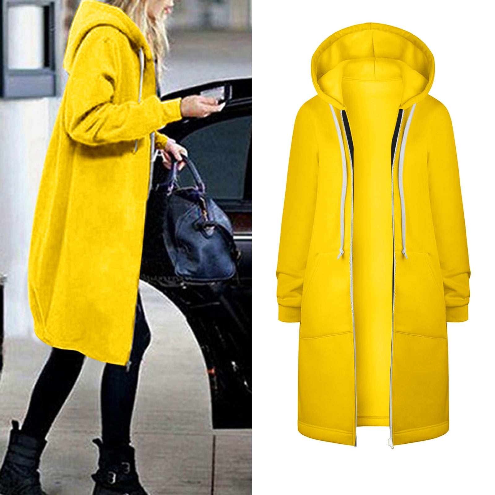 HAXMNOU Winter Coats For Women Ladies Casual Solid Color Zipper Hooded with Drawstring Long