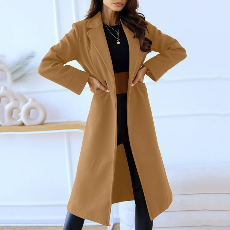HAXMNOU Winter Coats For Women Womens Solid Color Lapel Double Coat Winter Long Button Coat Peacoat Womens Coat Trench Coat Jacket Khaki XXL