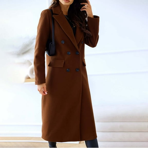 HAXMNOU Winter Coats For Women Women's Autumn And Winter Simple Double Long Sleeved Lapel ButtonJacket Peacoat Womens Coat Trench Coat Jacket Brown XXL
