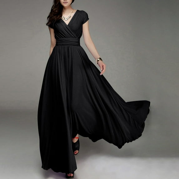 HAXMNOU Women Short Sleeve Evening Formal Party Dress Wedding Bridesmaid Dress Plus Size Solid Color Long Dress for Women Black XXL