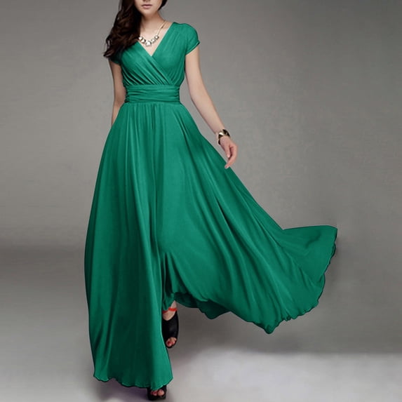 HAXMNOU Women Short Sleeve Evening Formal Party Dress Wedding Bridesmaid Dress Plus Size Solid Color Long Dress for Women Green 5XL