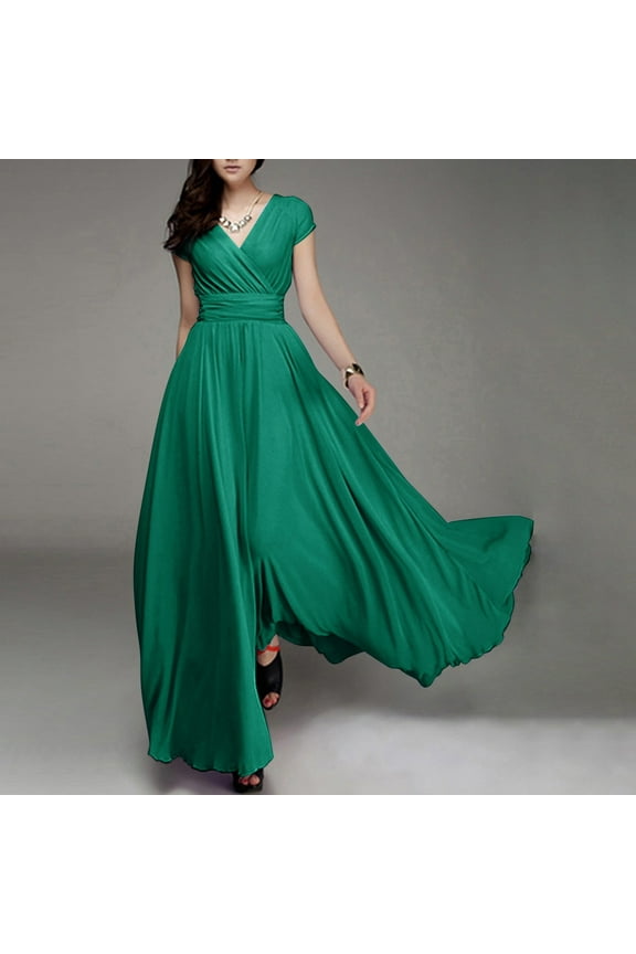 Women Short Sleeve Evening Formal Party Dress Wedding Bridesmaid Dress Plus Size Solid Color Long Dress for Women Green 5XL
