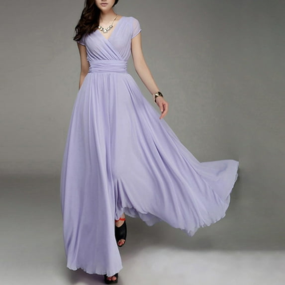 HAXMNOU Women Short Sleeve Evening Formal Party Dress Wedding Bridesmaid Dress Plus Size Solid Color Long Dress for Women Light Purple S