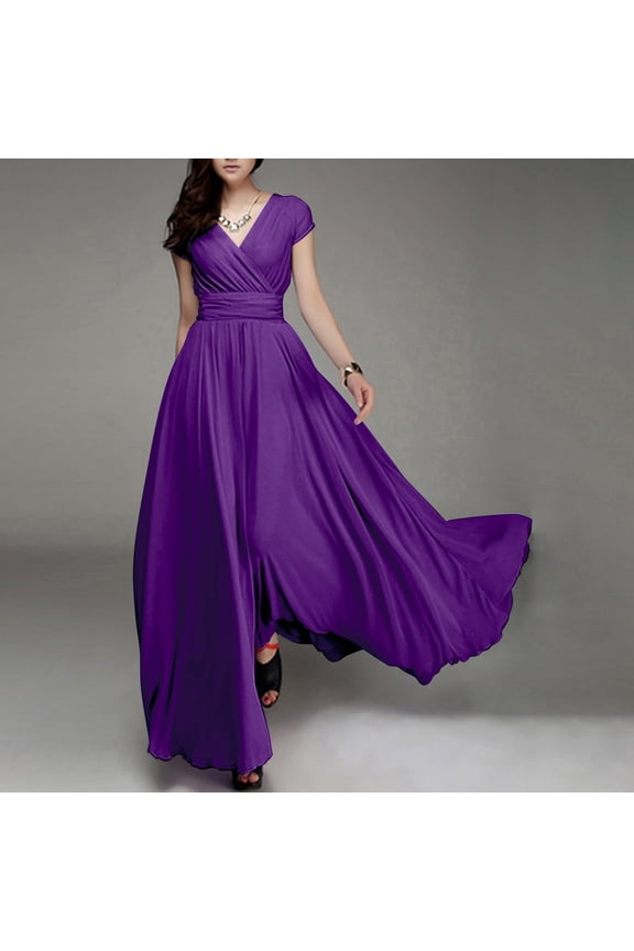 Women Short Sleeve Evening Formal Party Dress Wedding Bridesmaid Dress Plus Size Solid Color Long Dress for Women Purple 5XL
