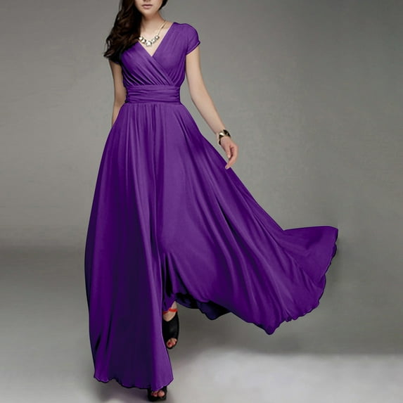 HAXMNOU Women Short Sleeve Evening Formal Party Dress Wedding Bridesmaid Dress Plus Size Solid Color Long Dress for Women Purple L
