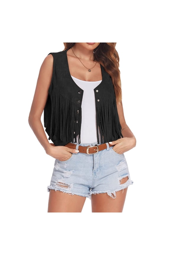 Women Tassel Vest 70s Hippie Suede Rivers Sleeveless Short Fringe Jacket Open Front Fringe Vest Cardigan Female Western Denim Punk Style Cardigan Jacket Black M