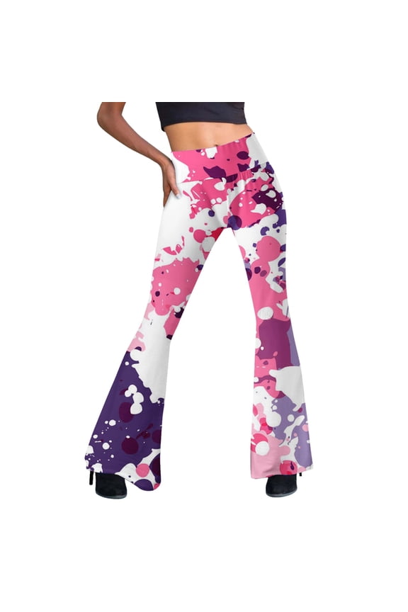 Women Tie-Dyed High Waist Flare Wide Leg Chic Trousers Bell Bottom Yoga Pants Flare Leggings Flare Jeans For Pockets Pink XL