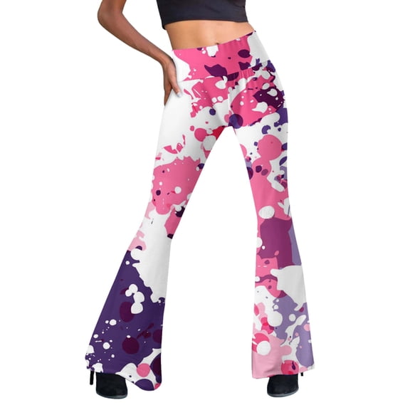 HAXMNOU Women Tie-Dyed High Waist Flare Wide Leg Chic Trousers Bell Bottom Yoga Pants Flare Leggings Flare Jeans For Pockets Pink XL