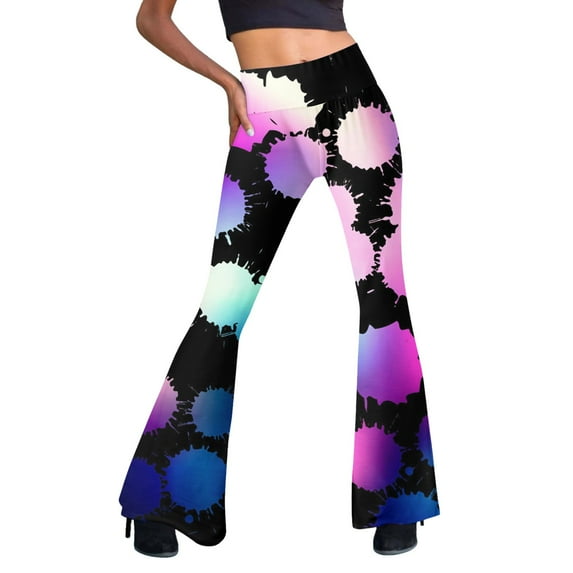HAXMNOU Women Tie-Dyed High Waist Flare Wide Leg Chic Trousers Bell Bottom Yoga Pants Flare Leggings Flare Jeans For Pockets Purple XL