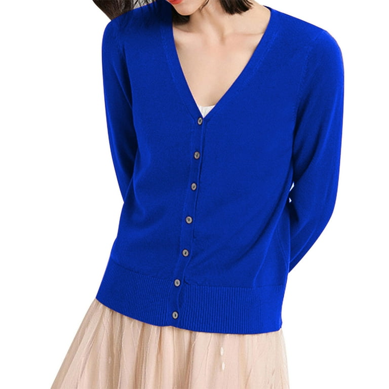 HAXMNOU Women s Long Sleeve Crewneck Cropped Button Down Cardigan Sweater Long Puff Sleeve Casual Button Up Shrug Sweater for Dresses Tops Open Front Knit Blue XL Walmart