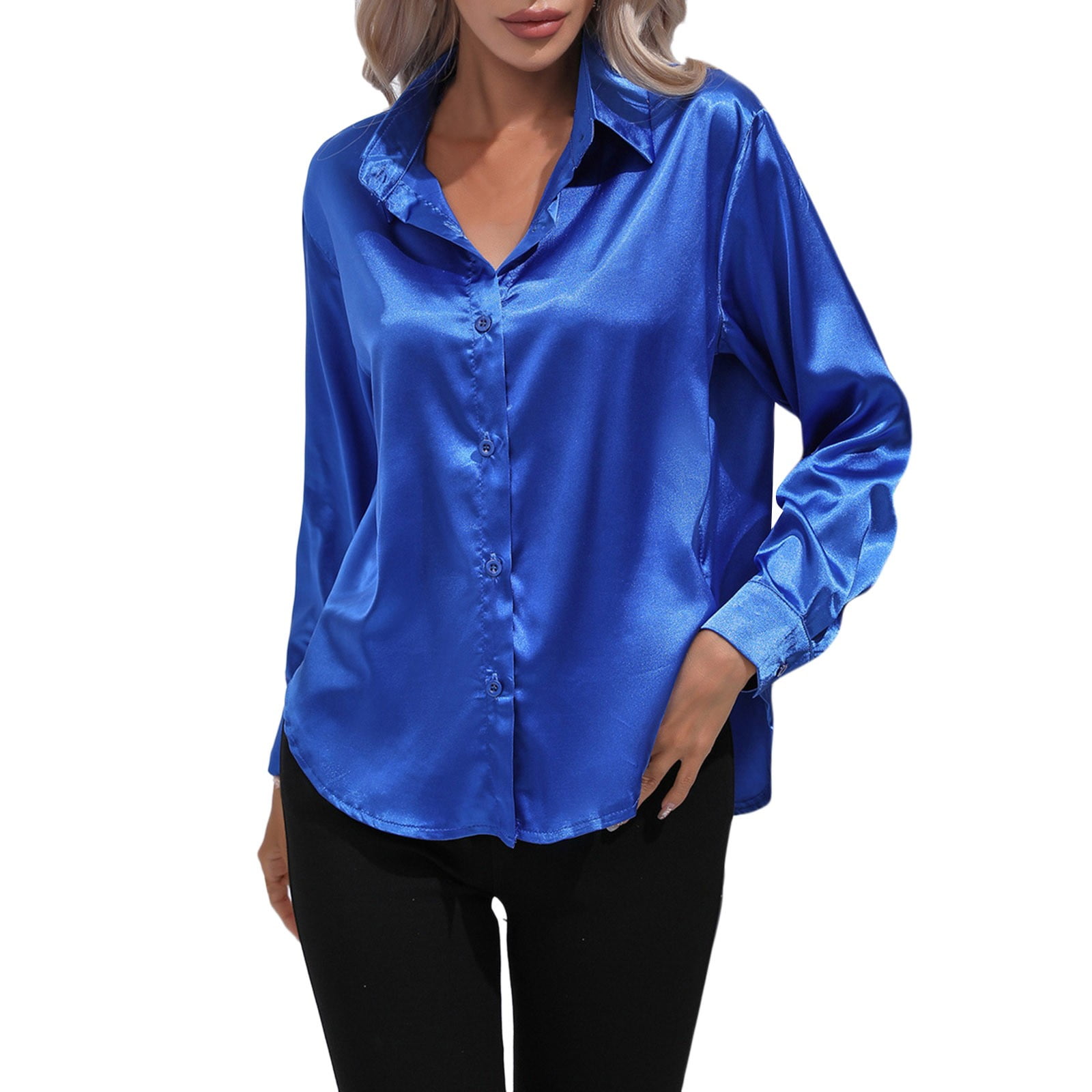 HAXMNOU Womens Blouses Satin Shirt Women's Satin Imitation Silk Long ...