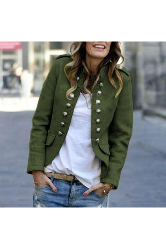 Womens Double Button Front Military Style Blazer Ladies Formal Jacket Army Green XXL