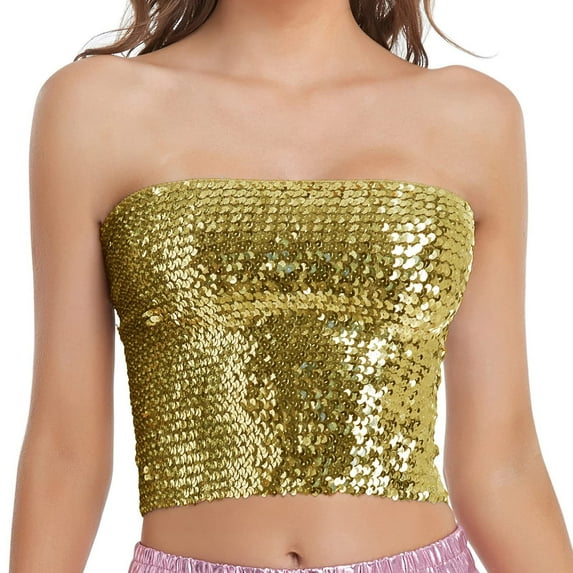 HAXMNOU Womens Sleeveless Full Sequin Sparkle Tops Glitter Short Sleeve Party Shirt Boat Neck Crop Top Blouse Gold