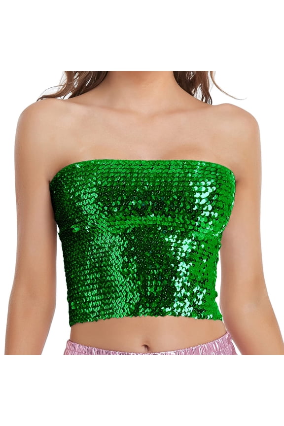 Womens Sleeveless Full Sequin Sparkle Tops Glitter Short Sleeve Party Shirt Boat Neck Crop Top Blouse Green
