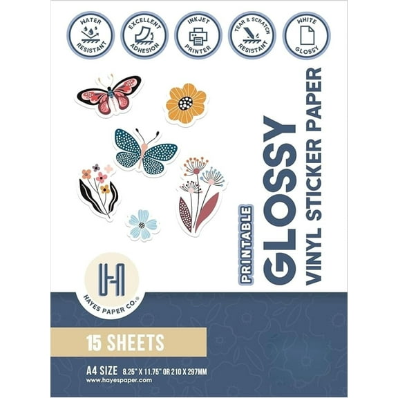 Hayes Paper Co. Glossy Vinyl Sticker Paper, Waterproof, White, A4 Size 8.25 x 11.75", 15 Sheets, Printable Sticker Paper for Inkjet Printers, Cricut, Labels, and Crafts