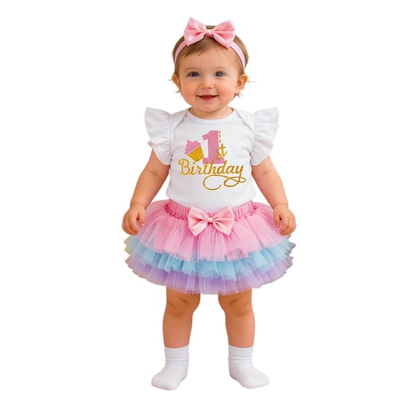 HAYIMI Baby Girl 1st Birthday Outfit Sets, Ruffle Sleeve My 1st Birthday Romper Gradient Tulle Tutu Skirt and Big Bow Headband Party Classic Clothes Sets