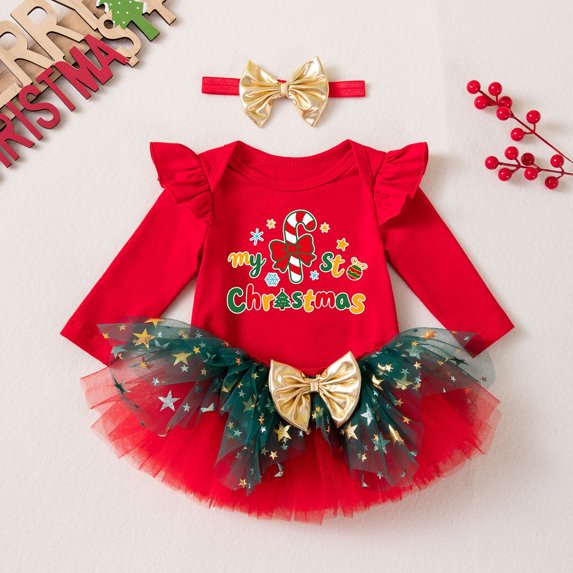 HAYIMI Baby Girl My First Christmas Outfit Sets, Ruffle Long Sleeve Romper, Star Print Tulle Tutu Skirt with Bow Headband 3‑Piece Holiday Set Versatile Clothes Sets