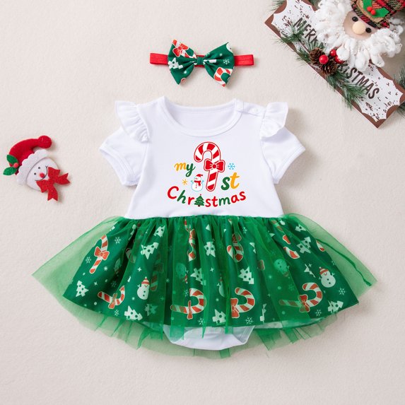 HAYIMI Baby Girl My First Christmas Outfit Sets, Ruffle Short Sleeve Romper, Xmas Print Tulle Tutu Skirt with Bow Headband 3‑Piece Holiday Set Relaxed Fit Clothes Sets