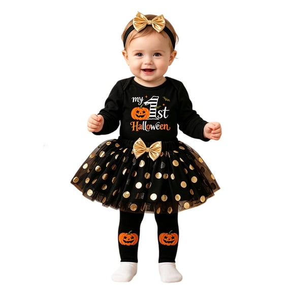 HAYIMI Baby Girls Halloween Long Sleeve Bodysuit Polka Mesh Tutu Skirt Headband Pumpkin Socks Four Piece Outfit Sets Leisure Clothes Sets