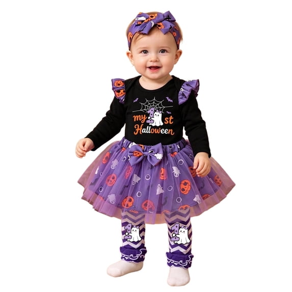 HAYIMI Baby Girls Halloween Outfit Sets Long Sleeve Bodysuit Pumpkin Print Tutu Skirt Socks 4 Piece Comfort Clothes Sets