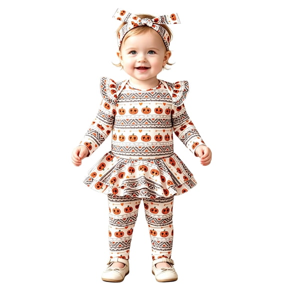 HAYIMI Baby Girls Halloween Pumpkin Print Long Sleeve Bodysuit Ruffle Skirt Leggings Headband Three Piece Outfit Sets Stylish Clothes Sets
