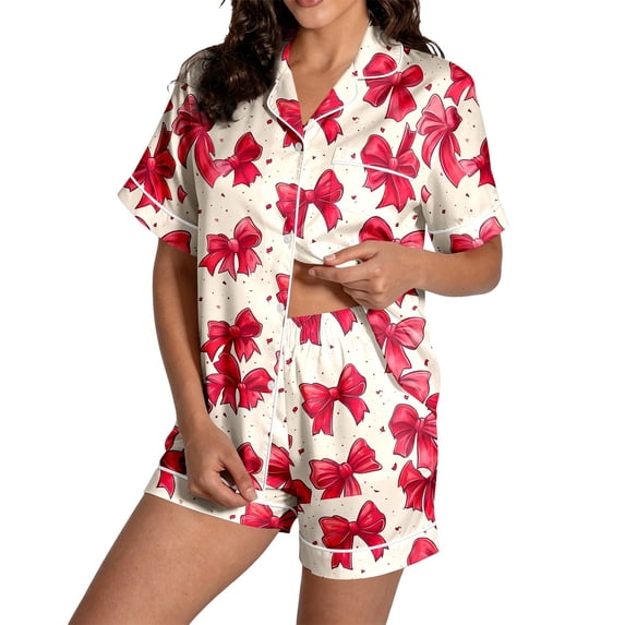 HAYIMI Bowknot Printed Pajama Sets For Women 2 Piece Lapel Short Sleeve Button Shirt With Matching Shorts Comfort Sleepwear Home Nightwear Loungewear