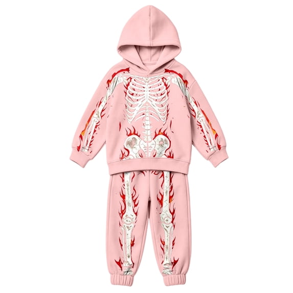HAYIMI Boys Girls Halloween Skeleton Printed 2 Piece Outfit Set, Long Sleeve Hooded Sweatshirt with Graphic Joggers Pants, Kids Holiday Loungewear Tracksuit Clothes Sets