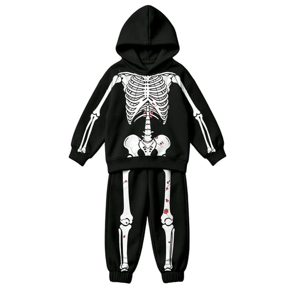 HAYIMI Boys Girls Halloween Skeleton Printed 2 Piece Outfit Set, Long Sleeve Hooded Sweatshirt with Graphic Joggers Pants, Kids Holiday Loungewear Tracksuit Clothes Sets