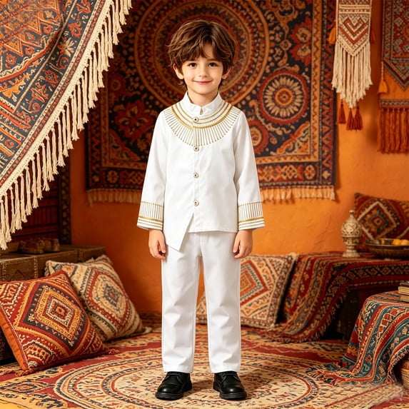 HAYIMI Boys Outfit Sets Cartoon Outfit African Bohemian Button Down Long Sleeve Neck Shirt And Pants Two Piece Children Casual Wear Dashiki Ankara Outfit Set Clothes Sets , White