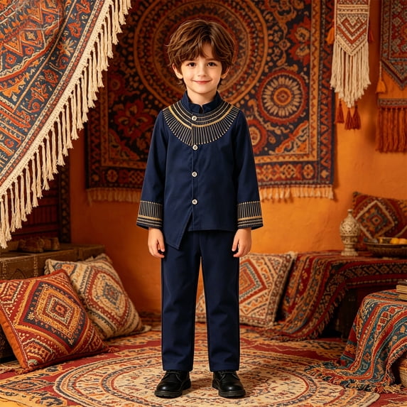HAYIMI Boys Outfit Sets Cartoon Outfit African Bohemian Button Down Long Sleeve Neck Shirt And Pants Two Piece Children Casual Wear Dashiki Ankara Outfit Set Clothes Sets , Blue
