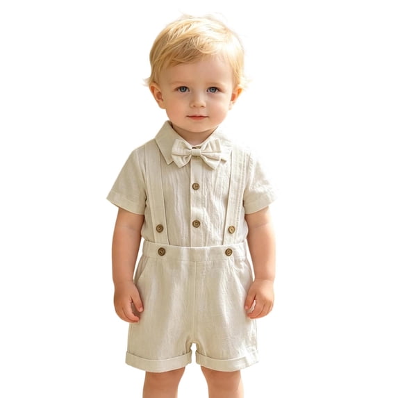 HAYIMI Boys Short Sleeve Solid Color Romper Bodysuit Suspenders Shorts Toddler Gentleman Outfit Sets Relaxed Fit Clothes Sets