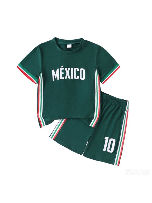 Child Boys Outfit Sets Mexico Short Sleeve Tops With Shorts Two Piece Summer Football Sportswear Outfit For Kids Round Neck Clothing Sets , Green