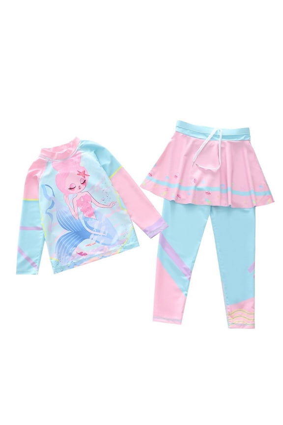 Child Cartoon Summer Girls Two Piece Swimwear Patchwork Long Sleeve Cute Cartoon Print Sun Bathing For Kids Comfort Beach Bathing Suit