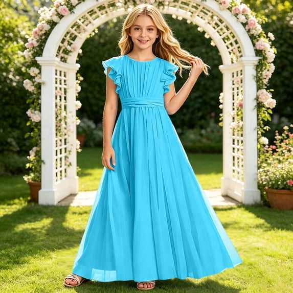 HAYIMI Child Chiffon Dress For Girls Summer Party Wear Soft Flowy Toddler Formal Evening O-Neck Flutter Sleeve Sweet Dresses