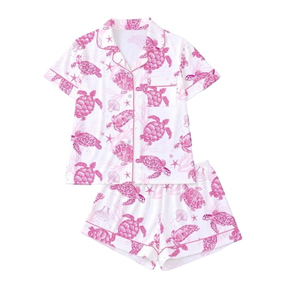 HAYIMI Child Cute Kids Cartoon Printed Short Sleeve Button Down Collared Shirt and Shorts For Girls Comfortable Home Pajama For Sleep Versatile Nightwear