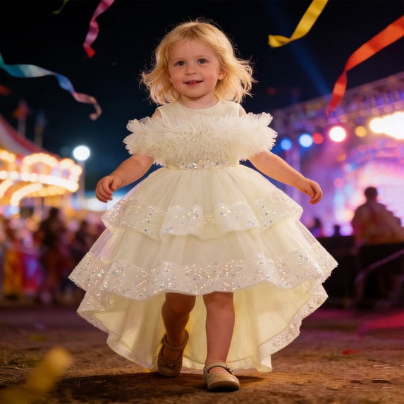 HAYIMI Child Dress With Layered Ruffles And Detachable Train Sleeveless O-Neck For Girls Cute Special Occasion Back To School Swing Flowy Kids Sundress