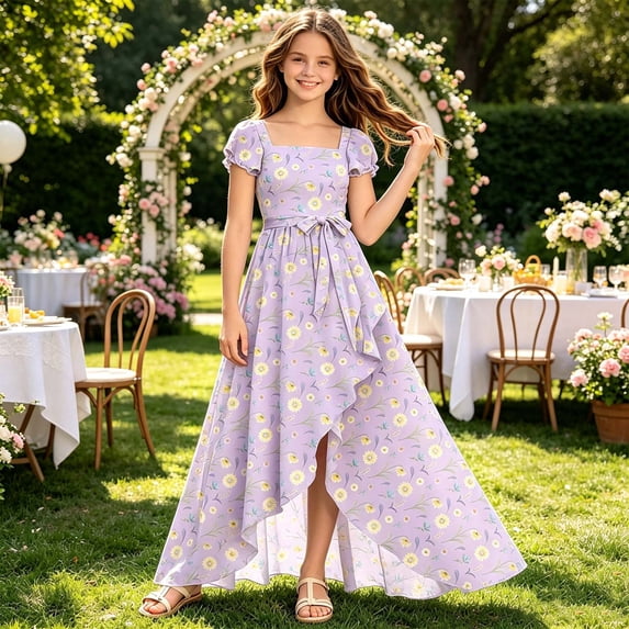 HAYIMI Child Elegant Girls Summer Floral Dress With Flowing And Ruffle Trim For Party Square Collar Everyday Comfort Dresses