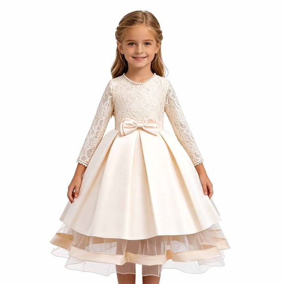 HAYIMI Child Elegant Lace Girls Party Dress Long Sleeve Satin Bodice Overlay Bow Evening Gown O-Neck Classic Dresses