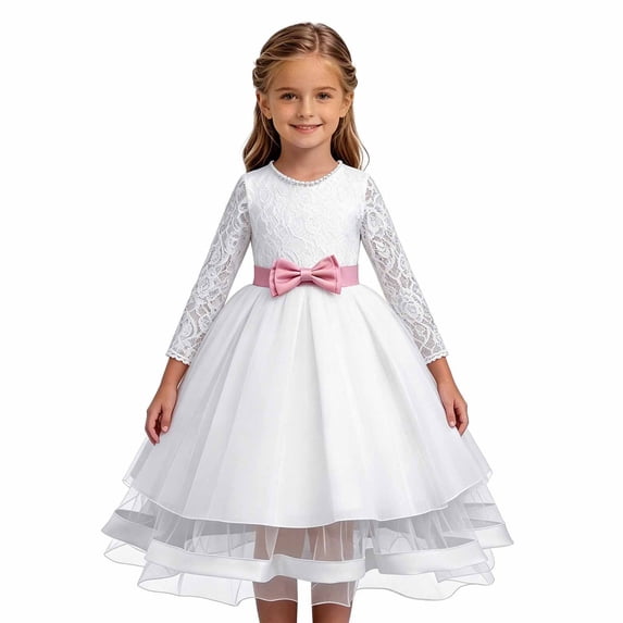 HAYIMI Child Elegant Lace Girls Party Dress Long Sleeve Satin Bodice Overlay Bow Evening Gown O-Neck Vacation Dresses