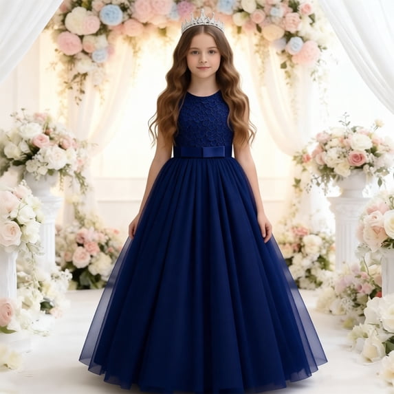 HAYIMI Child Elegant Long Sleeveless Dress For Girls Lace O-Neck Formal Gown With Puffy Skirt For Parties Relaxed Fit Special Occasion Back To School Swing Flowy Kids Sundress