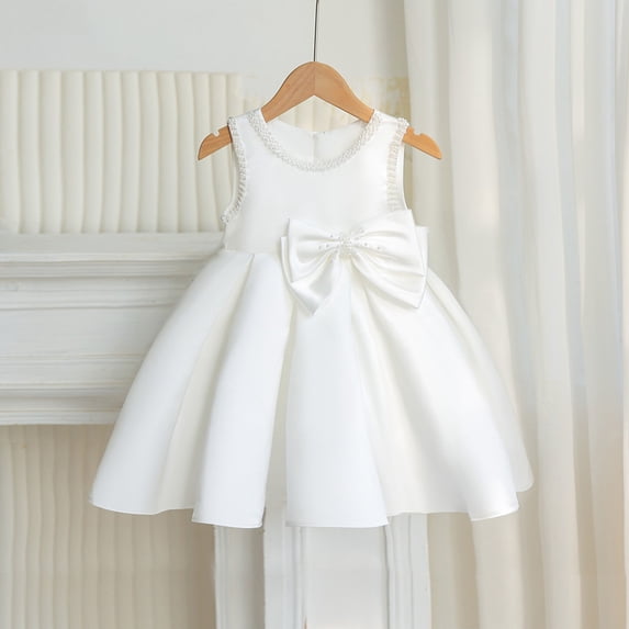 HAYIMI Child Elegant Sleeveless White Dress Girls Wedding Girl Birthday Party Piano Recital And Pageant Dress With Satin Bodice And O-Neck Boho Dresses