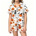 thumbnail image 1 of HAYIMI Child Girls 2 Piece Halloween Pajama Set Lapel Short Sleeve Shirt with Front Ribbon Ties and Ruffle Shorts with Pumpkin Ghost Bat Print Sleepwear Classic Nightwear, 1 of 7