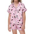 thumbnail image 1 of HAYIMI Child Girls 2 Piece Halloween Pajama Set Lapel Short Sleeve Shirt with Front Ribbon Ties and Ruffle Shorts Sleepwear Soft Nightwear, 1 of 7