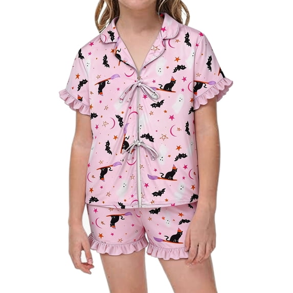 HAYIMI Child Girls 2 Piece Halloween Pajama Set Lapel Short Sleeve Shirt with Front Ribbon Ties and Ruffle Shorts Sleepwear Soft Nightwear