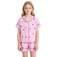thumbnail image 1 of HAYIMI Child Girls 2 Piece Pajama Set Short Sleeve Lapel Button Down Shirt and Ruffled Shorts with Bowknot Print Kids Sleepwear Relaxed Fit Nightwear, 1 of 7
