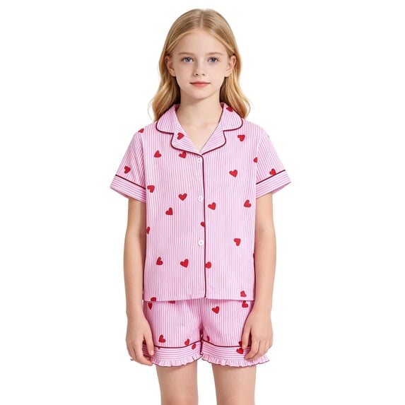 HAYIMI Child Girls 2 Piece Pajama Set Short Sleeve Lapel Button Down Shirt and Ruffled Shorts with Bowknot Print Kids Sleepwear Relaxed Fit Nightwear