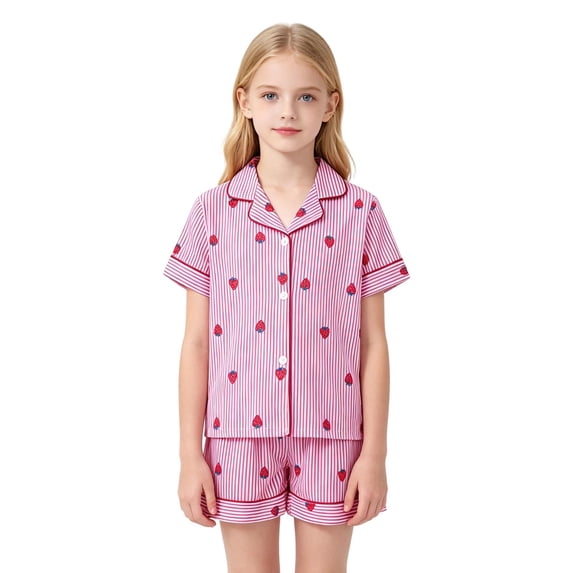 HAYIMI Child Girls 2 Piece Pajama Set Short Sleeve Lapel Button Down Shirt and Ruffled Shorts with Strawberry Print Kids Sleepwear Classic Nightwear
