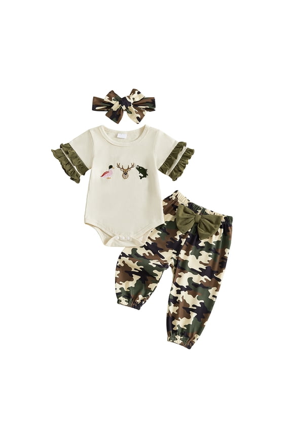Child Girls Animal Embroidery Lace O-Neck Short Sleeve Romper Pants Bandana Three Piece Outfit Sets Toddler Kids Cartoon Clothes Sets