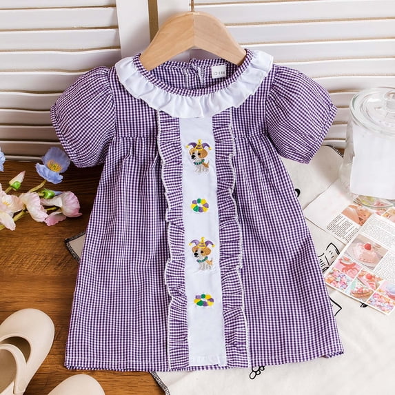 HAYIMI Child Girls Carnival Embroidery Plaid Short Sleeve O-Neck Summer Party Dress With Flowy Skirt And Comfortable Design For Trendy Special Occasion Back To School Swing Flowy Kids Sundress