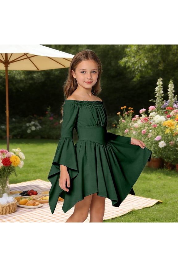 Child Girls Casual Fashion Off Shoulder Dress With Ruffle Hem Island Summer Play Breathable Special Occasion Back To School Swing Flowy Kids Sundress
